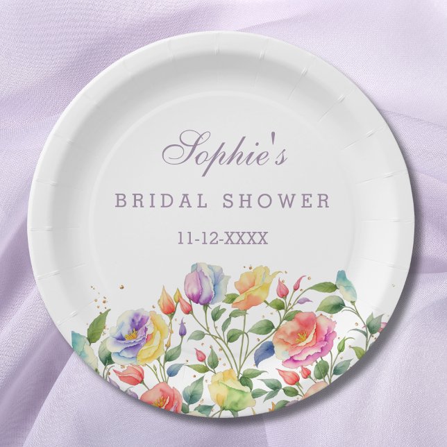 Pink Roses Lilac Floral Bridal Shower Paper Plates (Creator Uploaded)