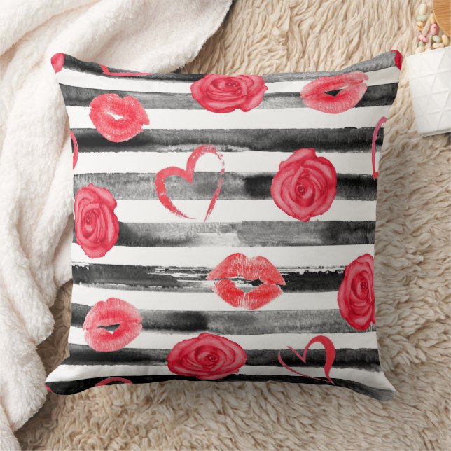 Pink roses, lips, hearts and black stripes throw pillow (Blanket)