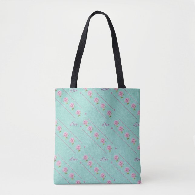 Pink Roses Love Lines Blue Green Tote Bag (Front)