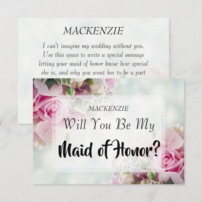 Pink Roses Maid of Honor Proposal Card (Front/Back)
