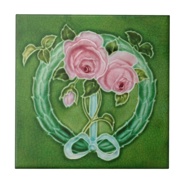 Pink Roses Majolica Faux Relief Repro Antique Ceramic Tile (Front)