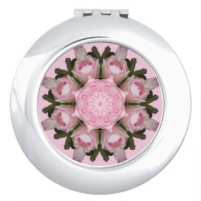 Pink Roses Mandala Round Shaped Compact Mirror (Front)