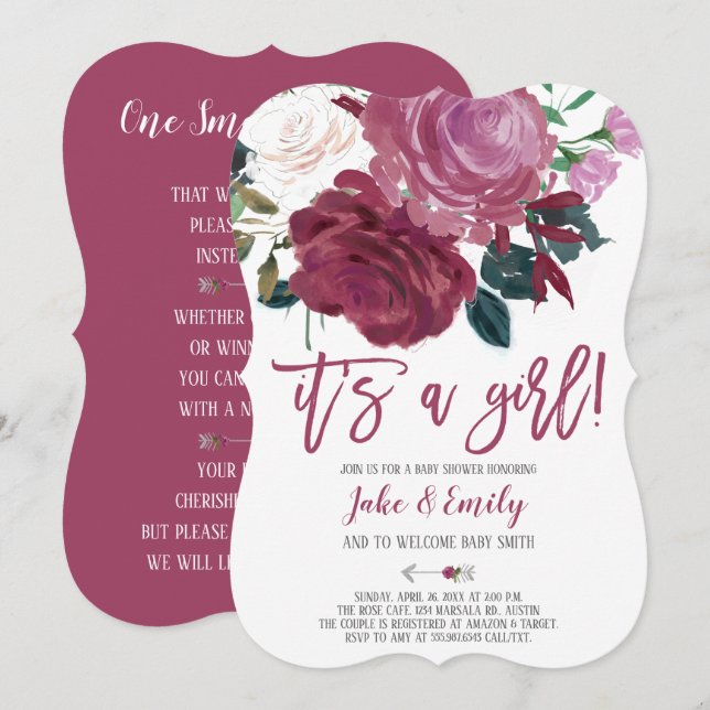 Pink Roses Marsala Baby Shower Its a Girl Invitation (Front/Back)