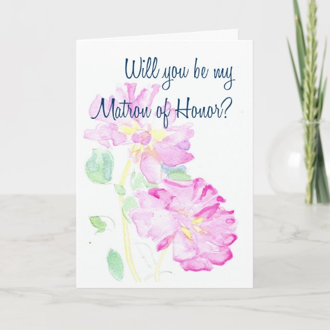 Pink Roses Matron of Honor Request Invitation (Front)