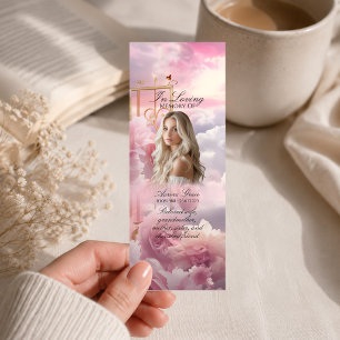Pink Roses Memorial Bookmark Celebration of Life Mini Business Card