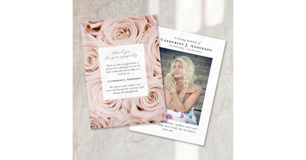 Pink Roses Memorial Photo Sympathy Funeral Thank You Card | Zazzle