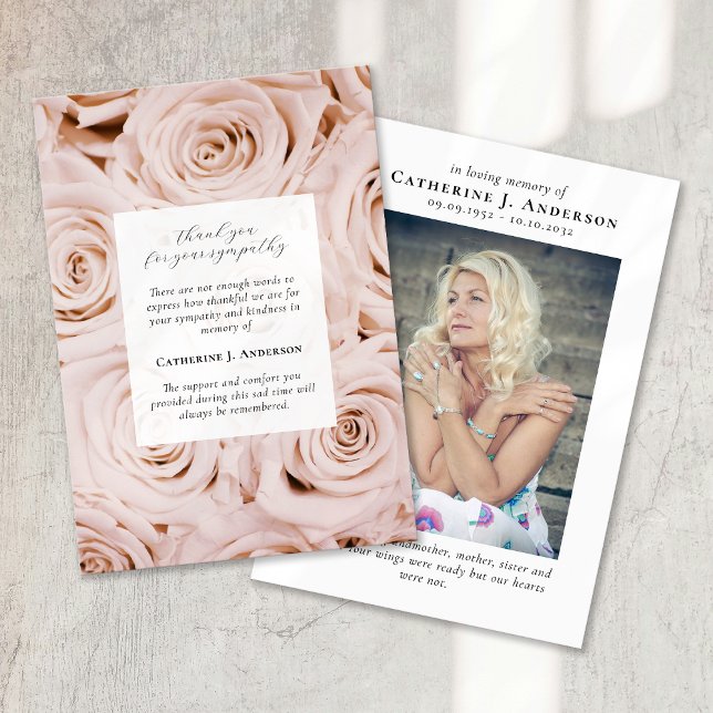 Pink Roses Memorial Photo Sympathy Funeral Thank You Card (Creator Uploaded)