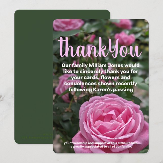 Pink Roses Memorial  Thank You Card (Front/Back)