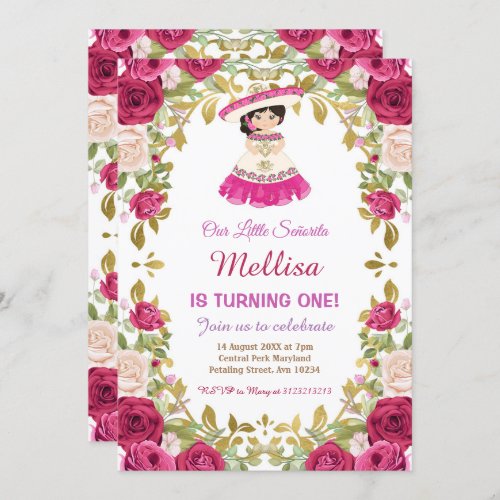 Pink Roses Mexican Floral Girl Fiesta Birthday   Invitation