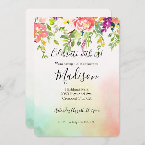 Pink Roses Mint Yellow Blush Tie Dye Floral Invitation