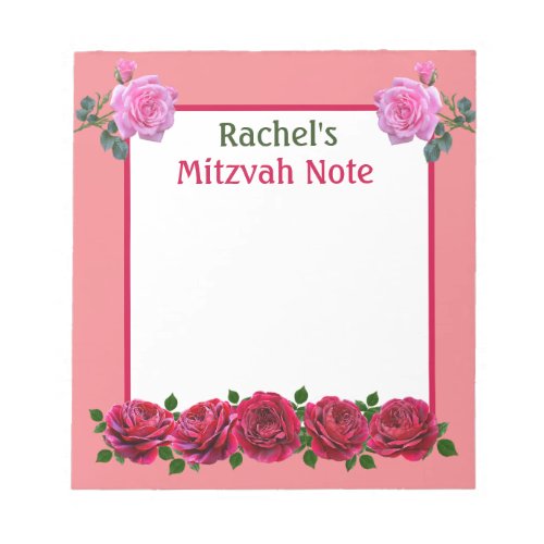 Pink Roses Mitzvah Note Girls Notepad
