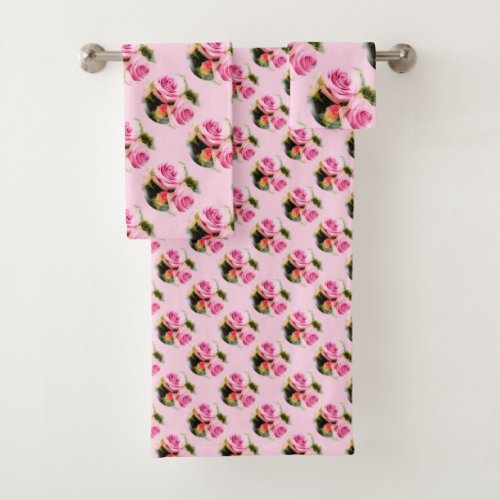 Pink Roses Modern Elegant Floral Flowers Template Bath Towel Set