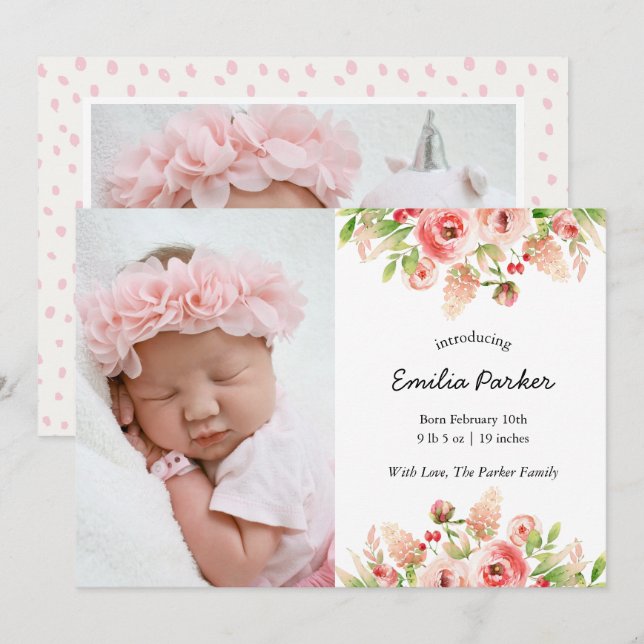 Pink Roses | Modern Elegant Floral Photo Birth Announcement (Front/Back)