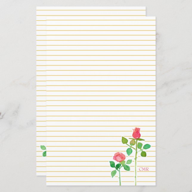 Pink Roses Monogram Letter Writing Stationery (Front/Back)