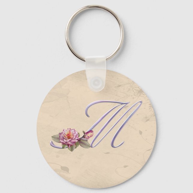 Pink Roses Monogram M Keychain (Front)