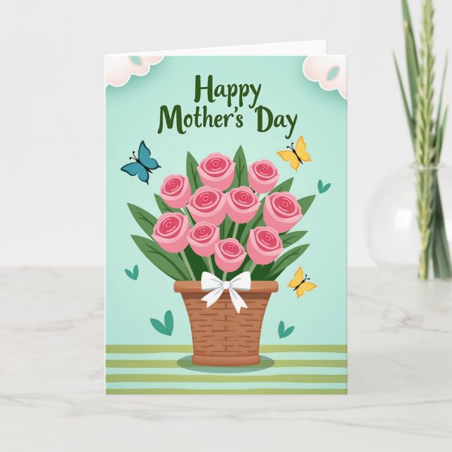 Pink Roses Mothers Day Basket Card (Front)