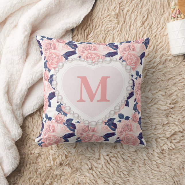 Pink Roses Navy Blue Floral Pearl Heart Monogram  Throw Pillow (Blanket)