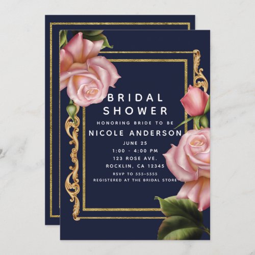 Pink Roses Navy Blue  Gold Modern Bridal Shower Invitation