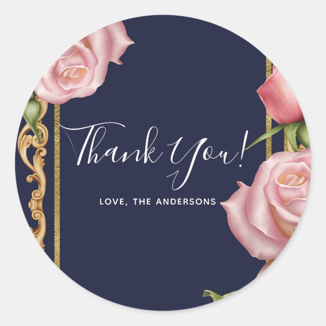 Pink Roses Navy Blue & Gold Modern Elegant Favor Classic Round Sticker (Front)