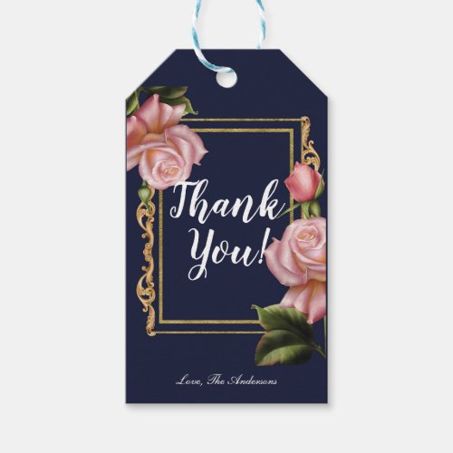 Pink Roses Navy Blue  Gold Modern Elegant Favor Gift Tags