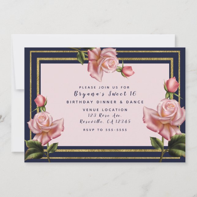 Pink Roses Navy Blue & Gold Modern Sweet 16 Party Invitation (Front)