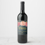 Pink roses navy chalkboard cheers wedding wine label<br><div class="desc">Cheers gold typography brush script and red,  pink and blush romantic roses with your name / names and wine sort on dark midnight navy blue chalkboard background making an inspired personalized wine label for your elegant summer or  fall garden outdoor wedding or other anniversary / celebrating event.</div>