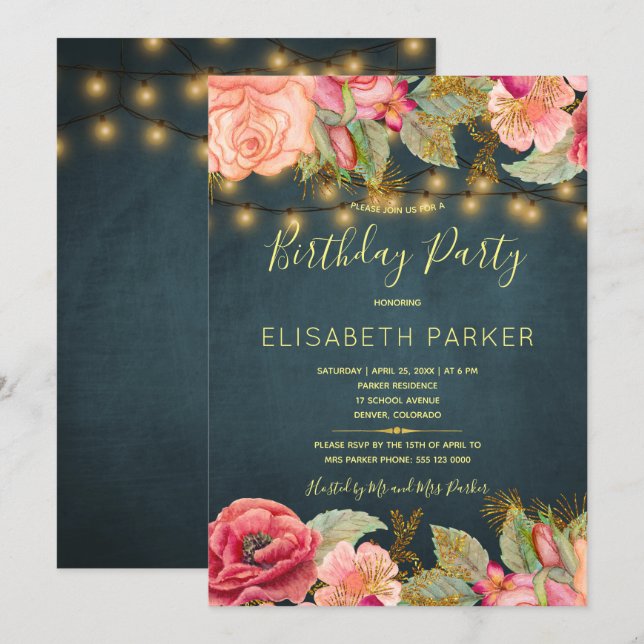 Pink roses navy gold lights birthday party invitation (Front/Back)