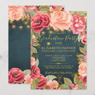 Pink roses navy gold lights graduation party invitation