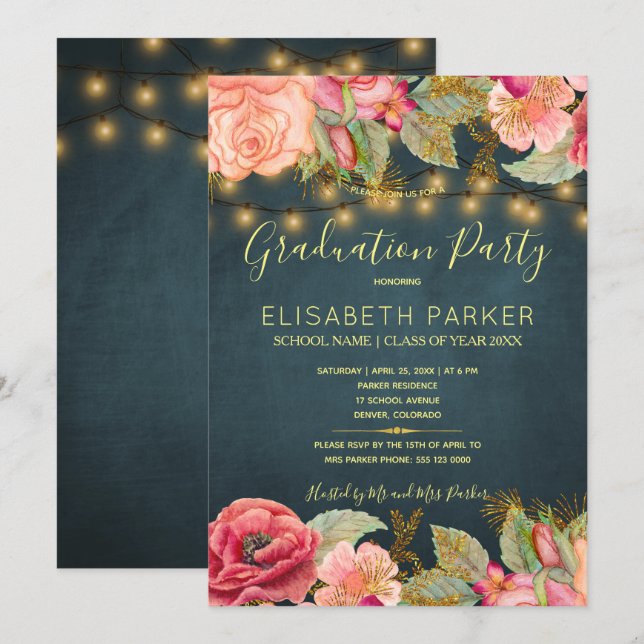 Pink roses navy gold lights graduation party invitation (Front/Back)