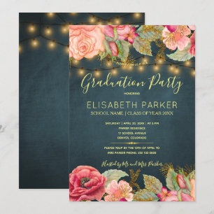 Pink roses navy gold lights graduation party invitation