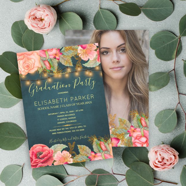 Pink roses navy gold lights PHOTO graduation party Invitation (Creator Uploaded)