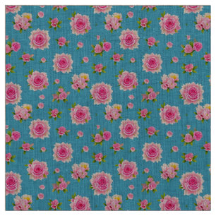 Pink Roses on a Blue Background Fabric