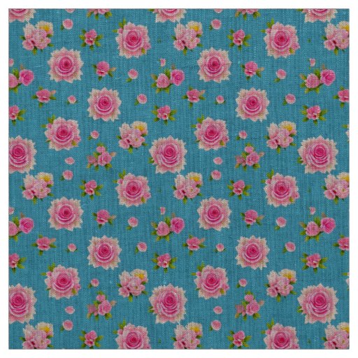 Pink Roses on a Blue Background Fabric