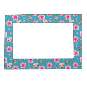Pink Roses on a Blue Background Magnetic Frame