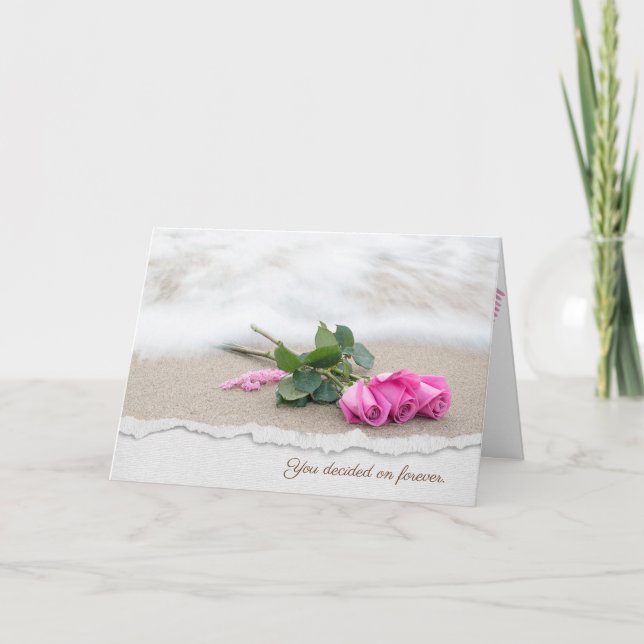pink roses on beach sand with torn edge border card (Front)