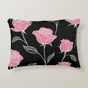Pink roses on black accent pillow
