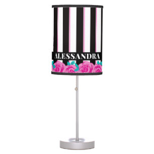 Pink Roses on Black and White Stripe Personalized  Table Lamp