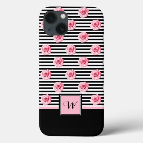 Pink Roses on Black and White Stripes with Initial iPhone 13 Case