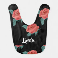 Pink roses on black baby bib