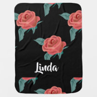 Pink roses on black baby blanket