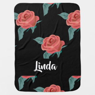 Pink roses on black baby blanket