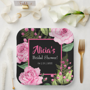 Pink Roses on Black Bridal Shower Paper Plates