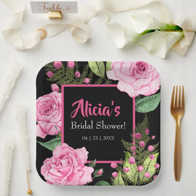 Pink Roses on Black Bridal Shower Paper Plates (Wedding)