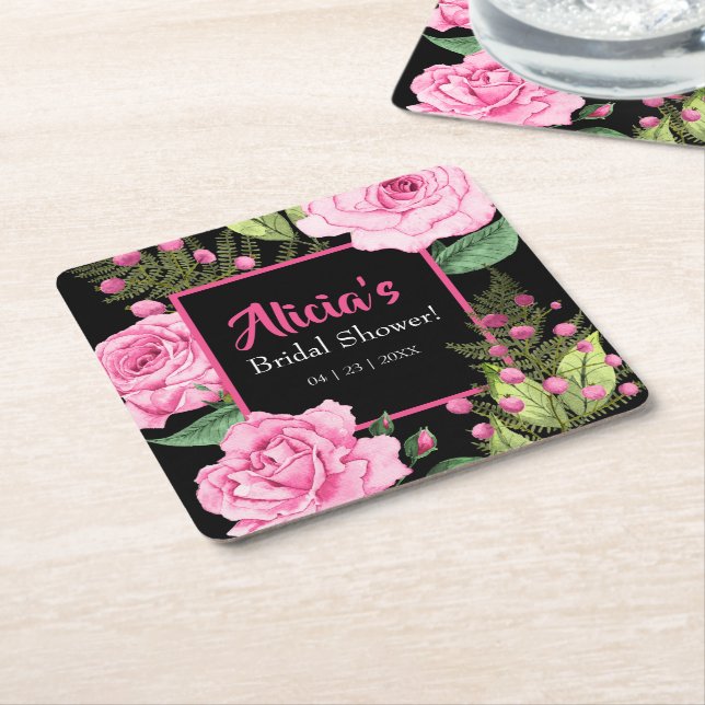 Pink Roses on Black Bridal Shower Square Paper Coaster (Angled)