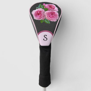 Pink Roses on Black Floral Monogram Lady Golf Head Cover