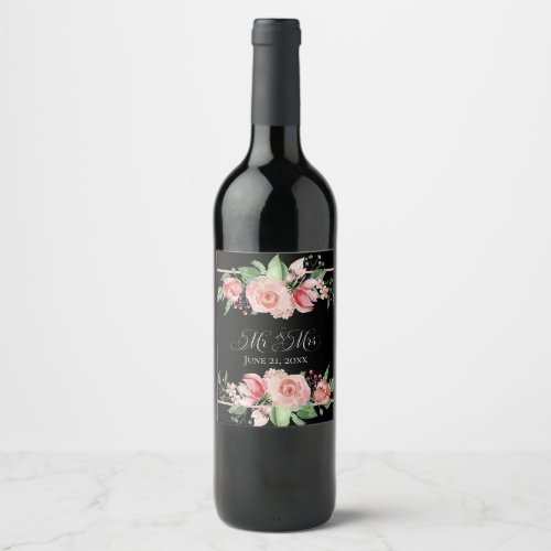 Pink Roses on Black Floral Mr  Mrs Wedding Wine Label