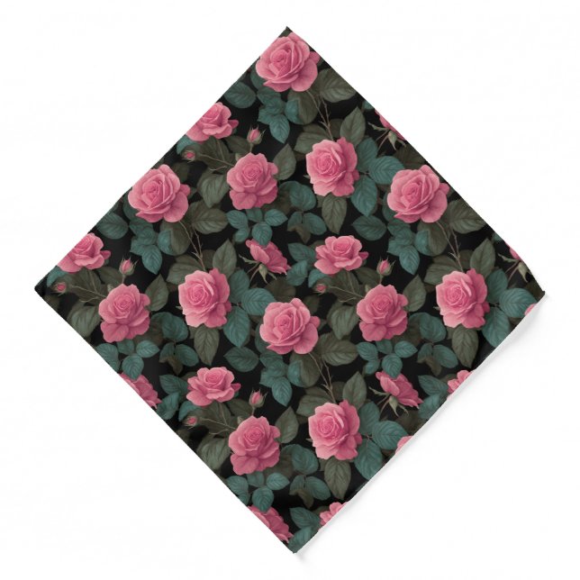 Pink Roses on Black Floral Pattern Bandana (Front)