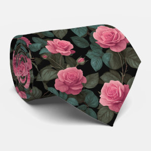 Pink Roses on Black Floral Pattern Neck Tie