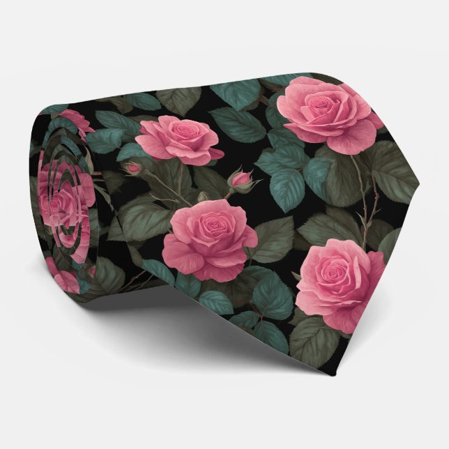Pink Roses on Black Floral Pattern Neck Tie (Rolled)
