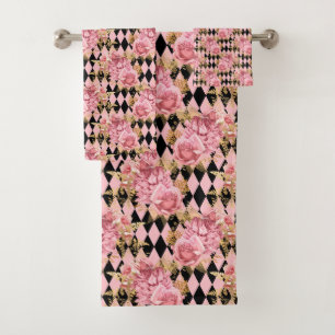 Pink Roses on Black Harlequin Bath Towel Set